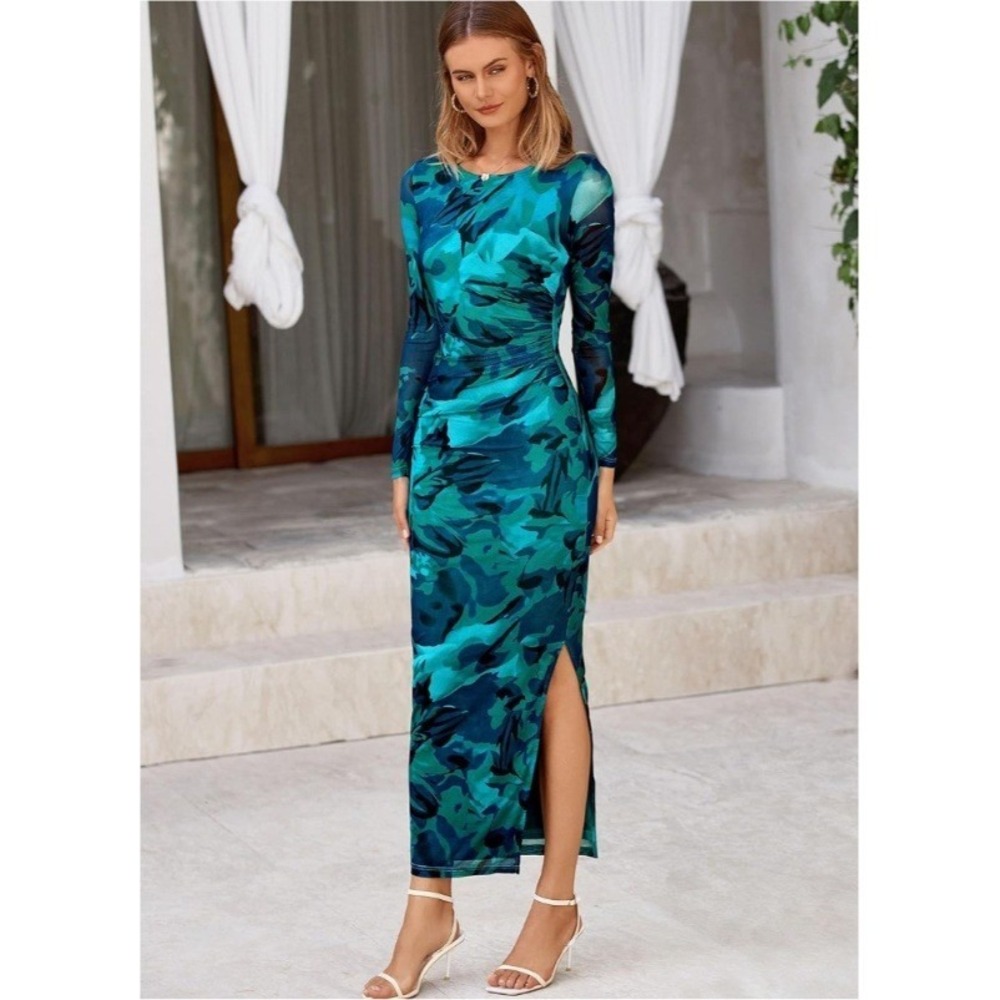 PrettyGarden Teal Floral Mesh Long Sleeve Maxi Dress Side‎ Slit XS NEW